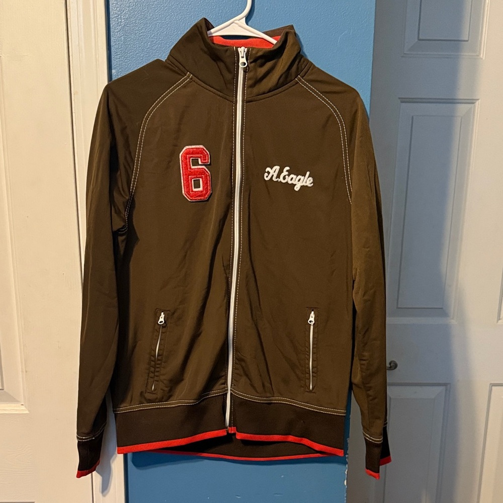 Vintage American Eagle Outfitters Men's Brown Bomber Jacket with Red Accents